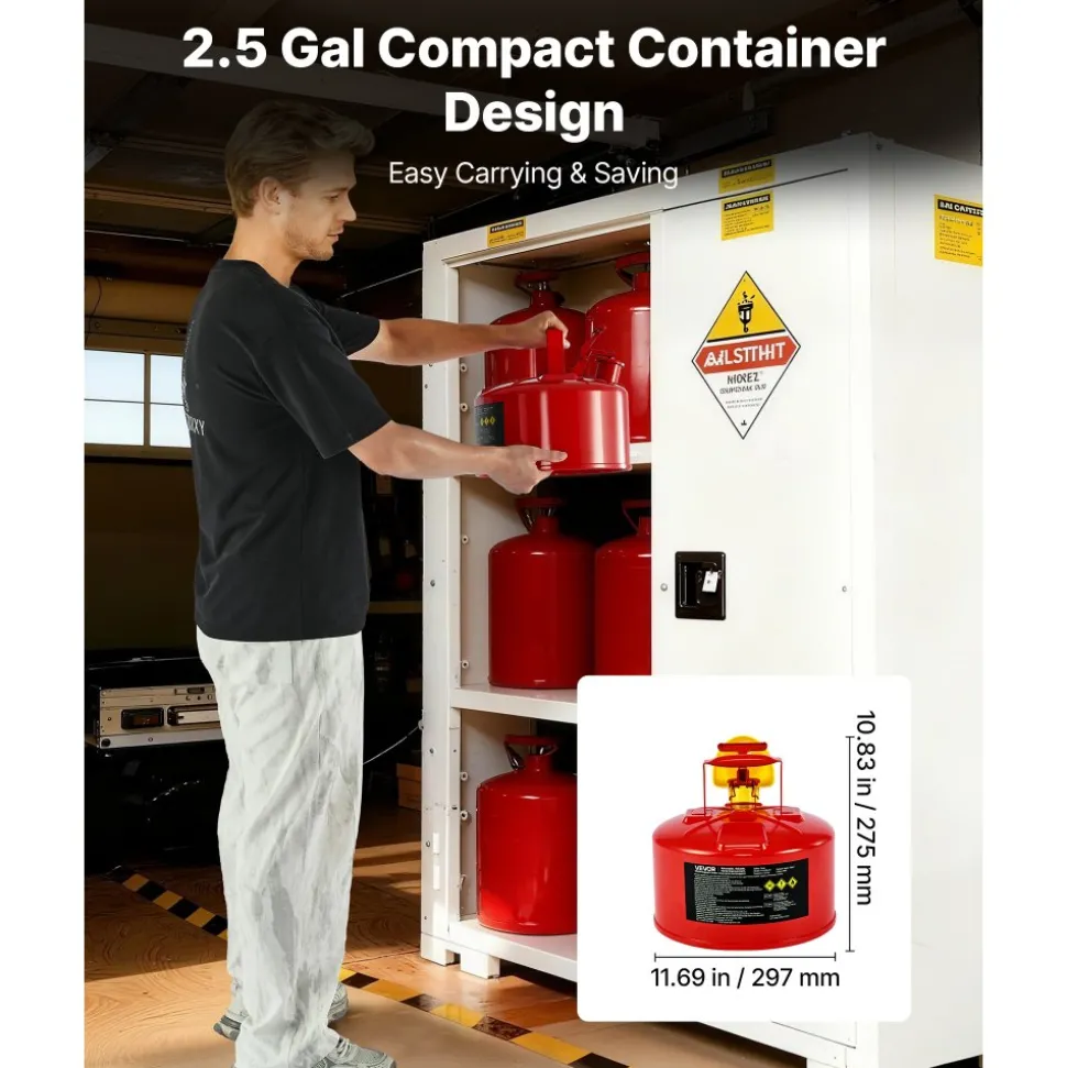 VEVOR Safety Gas Can, 2.5 Gallon Type I Red Safety Can for Gasoline with Stainless Steel Flame Arrester, Self-Closing Lid, and PE Funnel, Carbon Steel Flammable Storage Container with Ergonomic Handle