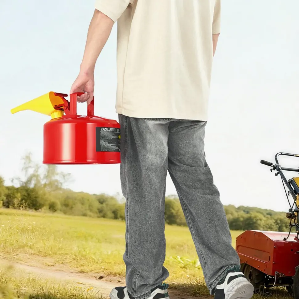 VEVOR Safety Gas Can, 2.5 Gallon Type I Red Safety Can for Gasoline with Stainless Steel Flame Arrester, Self-Closing Lid, and PE Funnel, Carbon Steel Flammable Storage Container with Ergonomic Handle