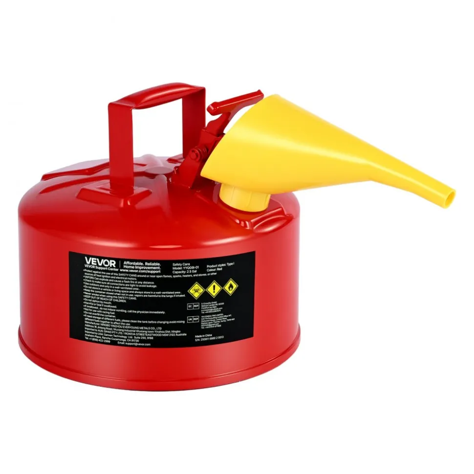 VEVOR Safety Gas Can, 2.5 Gallon Type I Red Safety Can for Gasoline with Stainless Steel Flame Arrester, Self-Closing Lid, and PE Funnel, Carbon Steel Flammable Storage Container with Ergonomic Handle