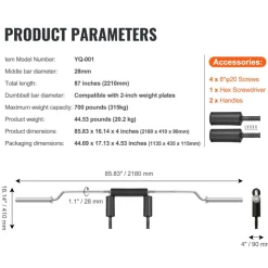 VEVOR Safety Squat Bar, 700 LBS Fitness Squat Bar, Safety Squat Bar Attachment with Shoulder and Arm Pads, 28mm Diameter Weight Bar, Ideal for Front Squats, Lunges, Rehab, Physical Therapy