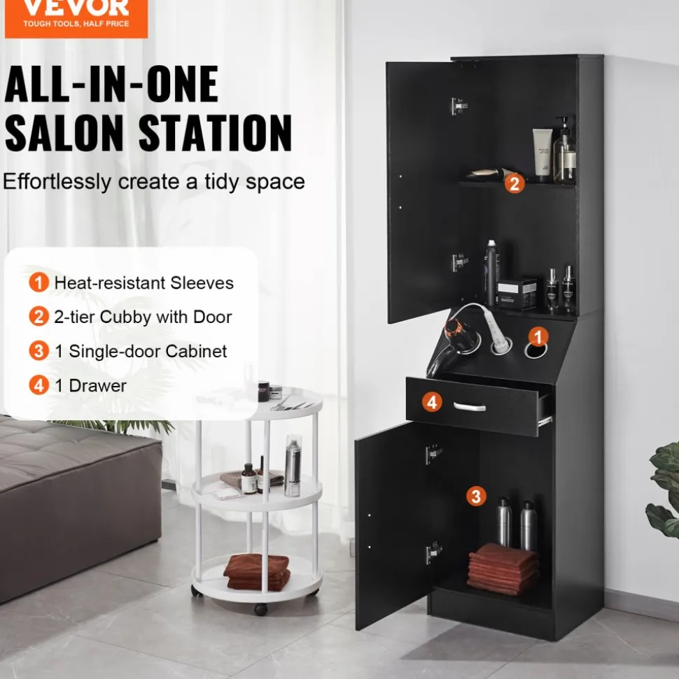 VEVOR Salon Organizer, Station Unit for Hair Professionals, Equipped with 3 Holders for Hair Dryers, Storage Spaces, and a Single Drawer, in Black
