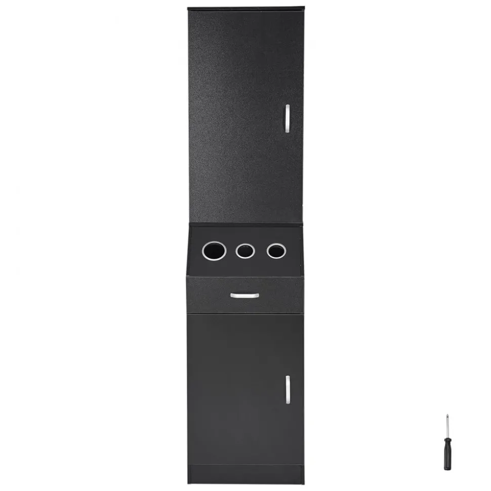 VEVOR Salon Organizer, Station Unit for Hair Professionals, Equipped with 3 Holders for Hair Dryers, Storage Spaces, and a Single Drawer, in Black
