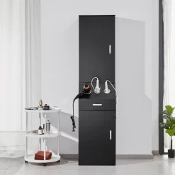 VEVOR Salon Organizer, Station Unit for Hair Professionals, Equipped with 3 Holders for Hair Dryers, Storage Spaces, and a Single Drawer, in Black