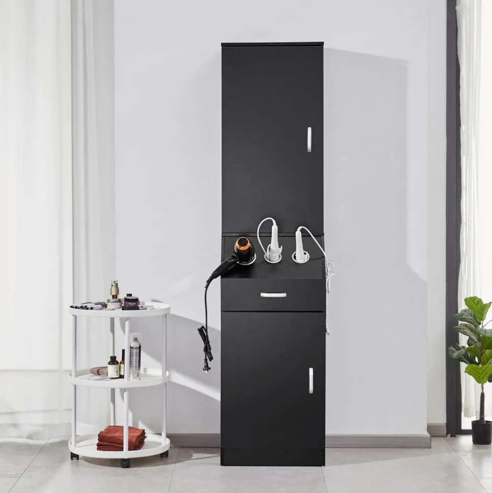 VEVOR Salon Organizer, Station Unit for Hair Professionals, Equipped with 3 Holders for Hair Dryers, Storage Spaces, and a Single Drawer, in Black