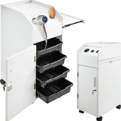 VEVOR Salon SPA Beauty Hairdressing Cart White Storage Trolley with 4 Drawers Rolling Wheels Lockable 2 Keys with Hairdryer Holder Space-Saving Side Tray