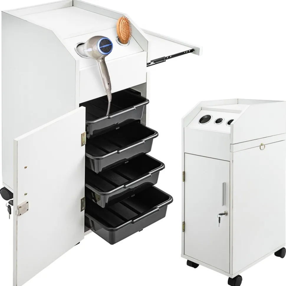 VEVOR Salon SPA Beauty Hairdressing Cart White Storage Trolley with 4 Drawers Rolling Wheels Lockable 2 Keys with Hairdryer Holder Space-Saving Side Tray