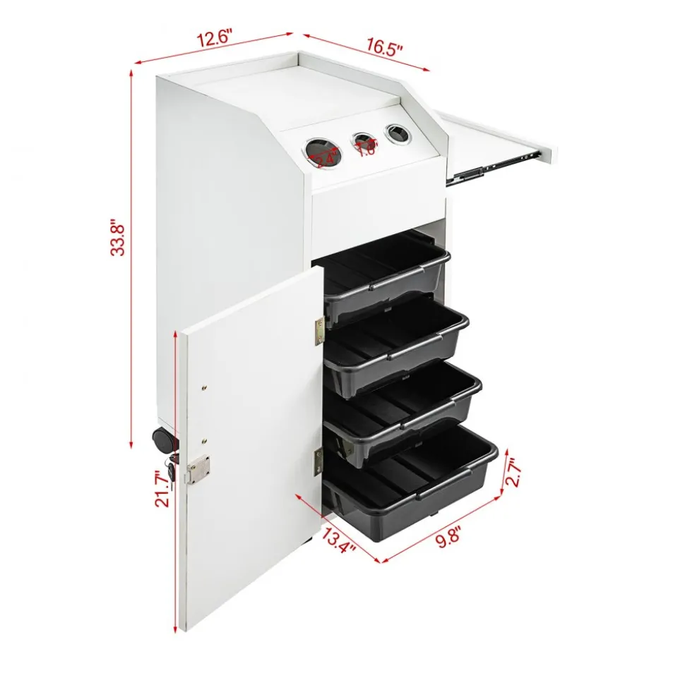 VEVOR Salon SPA Beauty Hairdressing Cart White Storage Trolley with 4 Drawers Rolling Wheels Lockable 2 Keys with Hairdryer Holder Space-Saving Side Tray