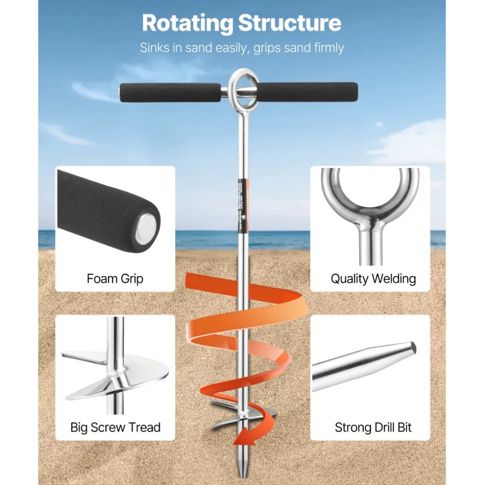 VEVOR Sand Anchor, 18 in Stainless Steel Beach Anchor, Screw in Sand Boat Anchors with Spiral Blade, Shallow Water Boat Auger Anchors, for Securing Jet Ski PWC Pontoon Kayak on Beaches and Sandbars