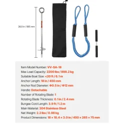 VEVOR Sand Anchor, 18 in Stainless Steel Beach Anchor, Screw in Sand Boat Anchors with Spiral Blade, Shallow Water Boat Auger Anchors, for Securing Jet Ski PWC Pontoon Kayak on Beaches and Sandbars