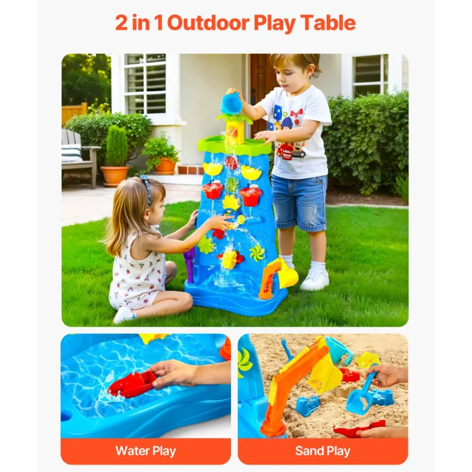 VEVOR Sand and Water Table for Toddlers, Double-Sided Kids Activity Waterfall Playset with 37PCS Accessories, Kids Activity Sensory Table, Outdoor Summer Sand Water Play Table for 3+ Years Boys Girls