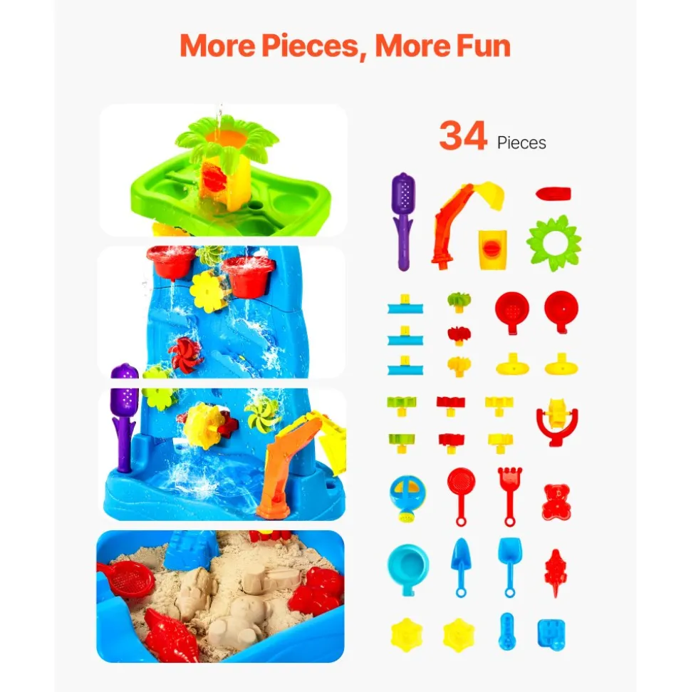 VEVOR Sand and Water Table for Toddlers, Double-Sided Kids Activity Waterfall Playset with 37PCS Accessories, Kids Activity Sensory Table, Outdoor Summer Sand Water Play Table for 3+ Years Boys Girls