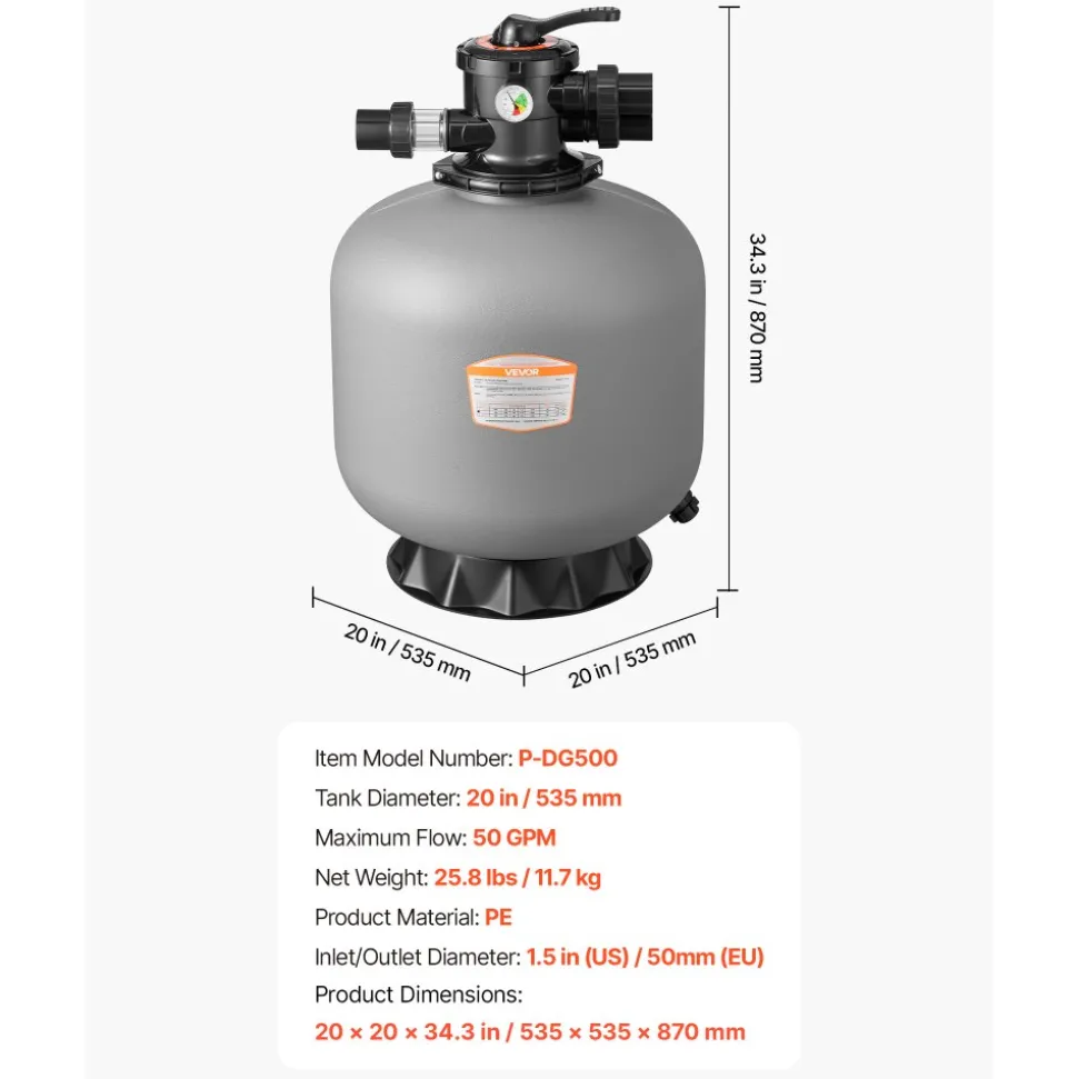 VEVOR Sand Filter, 20-Inch, 50 GPM Above Inground Swimming Pool Sand Filter System, with 7-Way Multi-Port Valve, Backwash, Rinse, Recirculate, Waste, Winter, Closed Modes, for Above In Ground Pools
