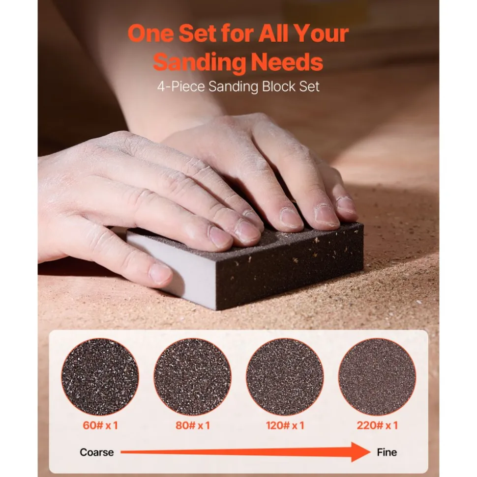 VEVOR Sanding Sponge, 4 Pcs, 60/80/120/220 Grit Assortment, Washable and Reusable Sanding Blocks for Dry & Wet Use, Coarse to Fine Sandpaper Blocks, for Polishing Drywall Wood Plastic Metal Furniture