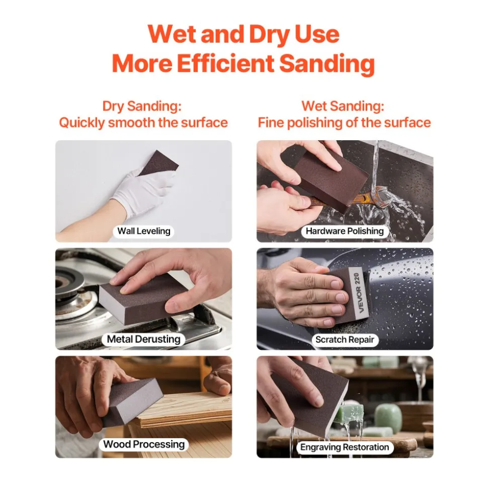 VEVOR Sanding Sponge, 4 Pcs, 60/80/120/220 Grit Assortment, Washable and Reusable Sanding Blocks for Dry & Wet Use, Coarse to Fine Sandpaper Blocks, for Polishing Drywall Wood Plastic Metal Furniture