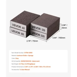 VEVOR Sanding Sponge, 4 Pcs, 60/80/120/220 Grit Assortment, Washable and Reusable Sanding Blocks for Dry & Wet Use, Coarse to Fine Sandpaper Blocks, for Polishing Drywall Wood Plastic Metal Furniture