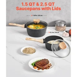 VEVOR Saucepan Set, 1.5 QT & 2.5 QT Nonstick Saucepan with Glass Lids, Multipurpose Cooking Sauce Pots with Detachable Handles, Sauce Pan Kitchen Cooking Pot with Coating, Induction Compatible, Black