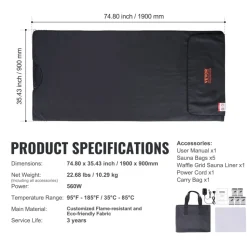 VEVOR Sauna Blanket for Detoxification, Portable Far Infrared Sauna for Home, PU Sauna Bag w/  Therapy Stones & Carbon Fiber Heating, 1-6 Level Adjustable Temp 95-185℉, 1-60 Minutes Timer, 75 x 35in