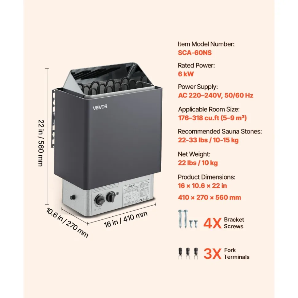 VEVOR Sauna Heater, 6KW 220V Electric Sauna Stove, Steam Bath Sauna Heater with Built-In Controls, 3h Timer and Adjustable Temp for Max. 176-318 Cubic Feet, Home Hotel Spa Shower Use