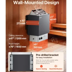 VEVOR Sauna Heater, 6KW 220V Electric Sauna Stove, Steam Bath Sauna Heater with Built-In Controls, 3h Timer and Adjustable Temp for Max. 176-318 Cubic Feet, Home Hotel Spa Shower Use