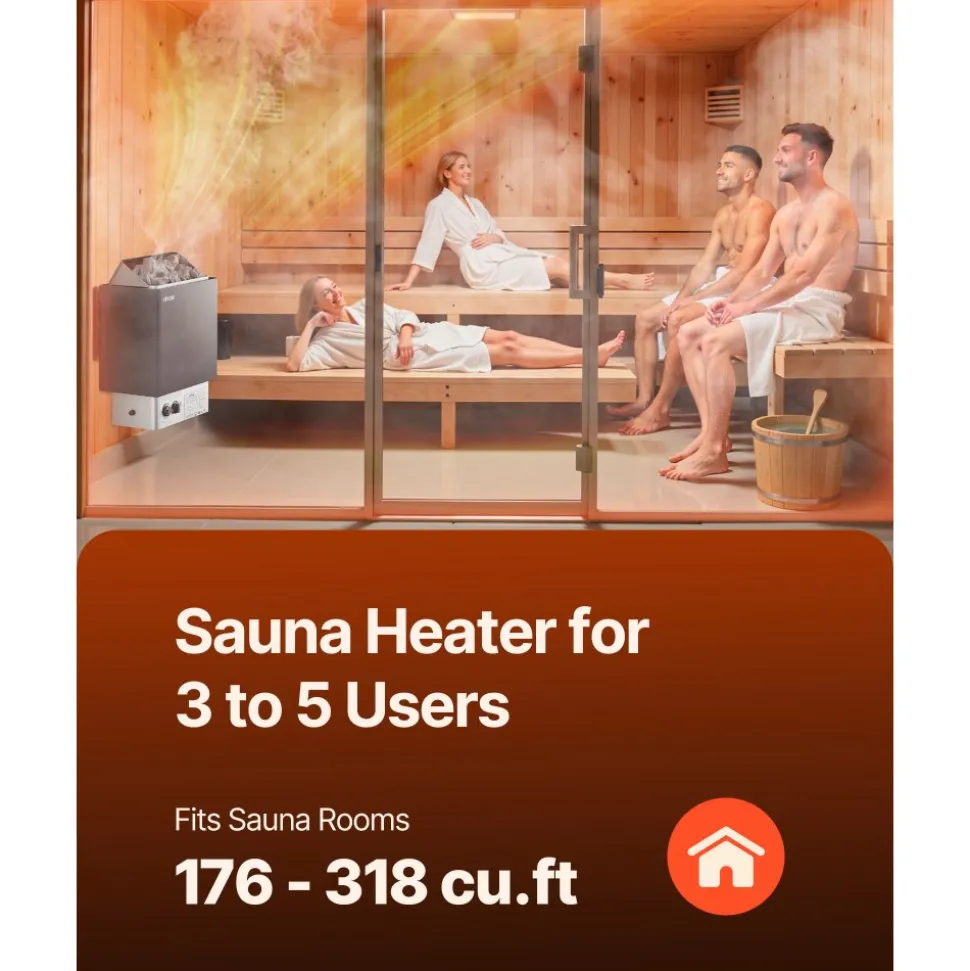 VEVOR Sauna Heater, 6KW 220V Electric Sauna Stove, Steam Bath Sauna Heater with Built-In Controls, 3h Timer and Adjustable Temp for Max. 176-318 Cubic Feet, Home Hotel Spa Shower Use