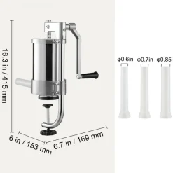 VEVOR Sausage Stuffer, 2.5LBS/1.5L Capacity, 304 Stainless Steel Vertical Sausage Stuffer, Sausage Filling Machine with 3 Stuffing Tubes, Suction Base and Manual Crank for Household or Commercial Use