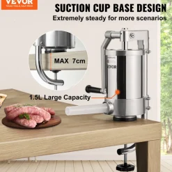 VEVOR Sausage Stuffer, 2.5LBS/1.5L Capacity, 304 Stainless Steel Vertical Sausage Stuffer, Sausage Filling Machine with 3 Stuffing Tubes, Suction Base and Manual Crank for Household or Commercial Use