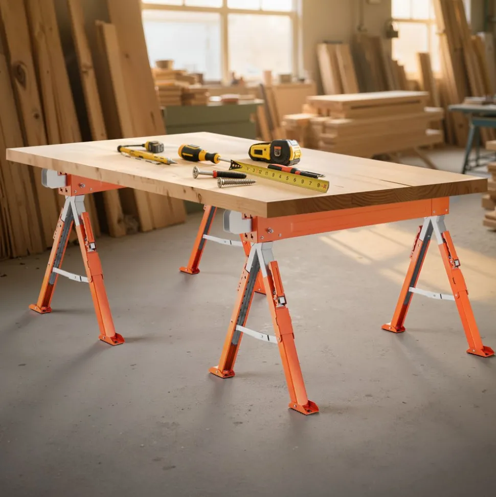 VEVOR Saw Horses, 2 Pack Folding Work Horses, 1800 lbs Load Capacity Sawhorse with Heavy Duty Legs, Adjustable Height Saw Horse with Non-Slip Foot Pads, for Woodworking, Carpenters & Contractors