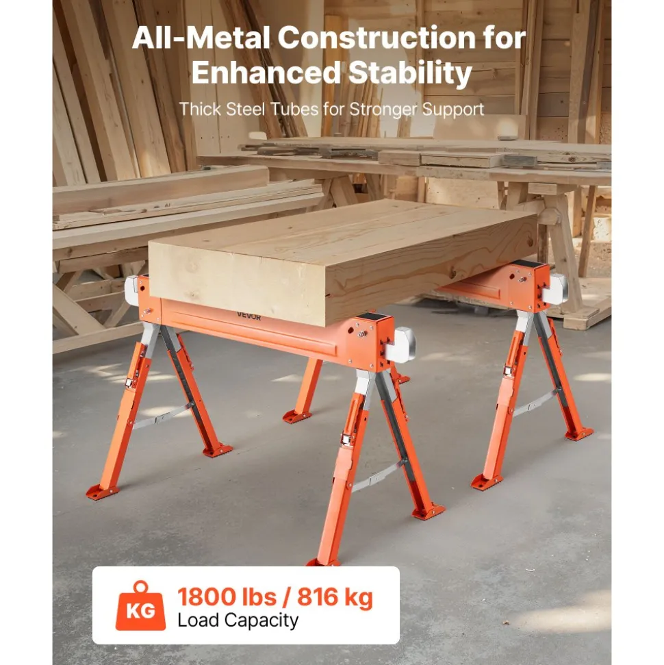 VEVOR Saw Horses, 2 Pack Folding Work Horses, 1800 lbs Load Capacity Sawhorse with Heavy Duty Legs, Adjustable Height Saw Horse with Non-Slip Foot Pads, for Woodworking, Carpenters & Contractors