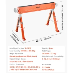 VEVOR Saw Horses, 2 Pack Folding Work Horses, 1800 lbs Load Capacity Sawhorse with Heavy Duty Legs, Adjustable Height Saw Horse with Non-Slip Foot Pads, for Woodworking, Carpenters & Contractors