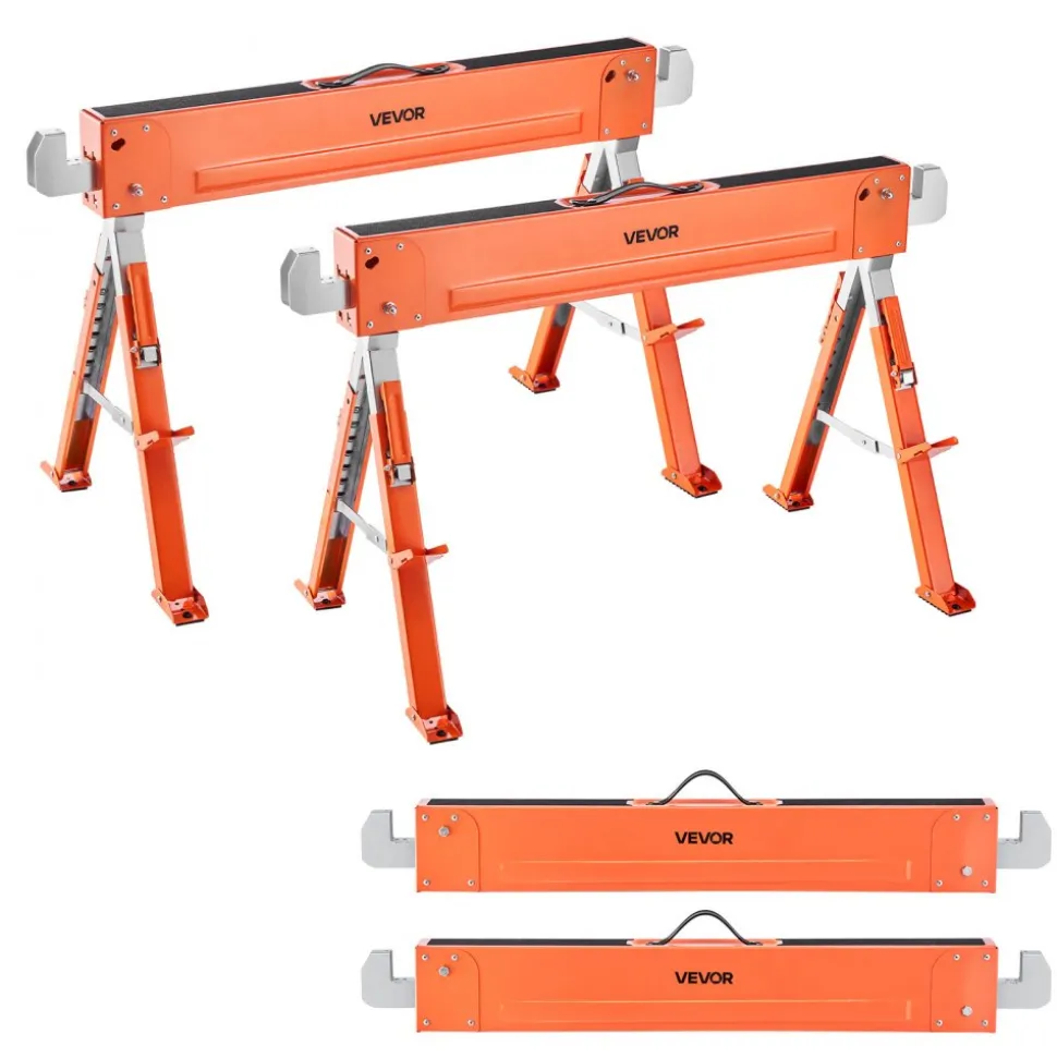 VEVOR Saw Horses, 2 Pack Folding Work Horses, 1800 lbs Load Capacity Sawhorse with Heavy Duty Legs, Adjustable Height Saw Horse with Non-Slip Foot Pads, for Woodworking, Carpenters & Contractors
