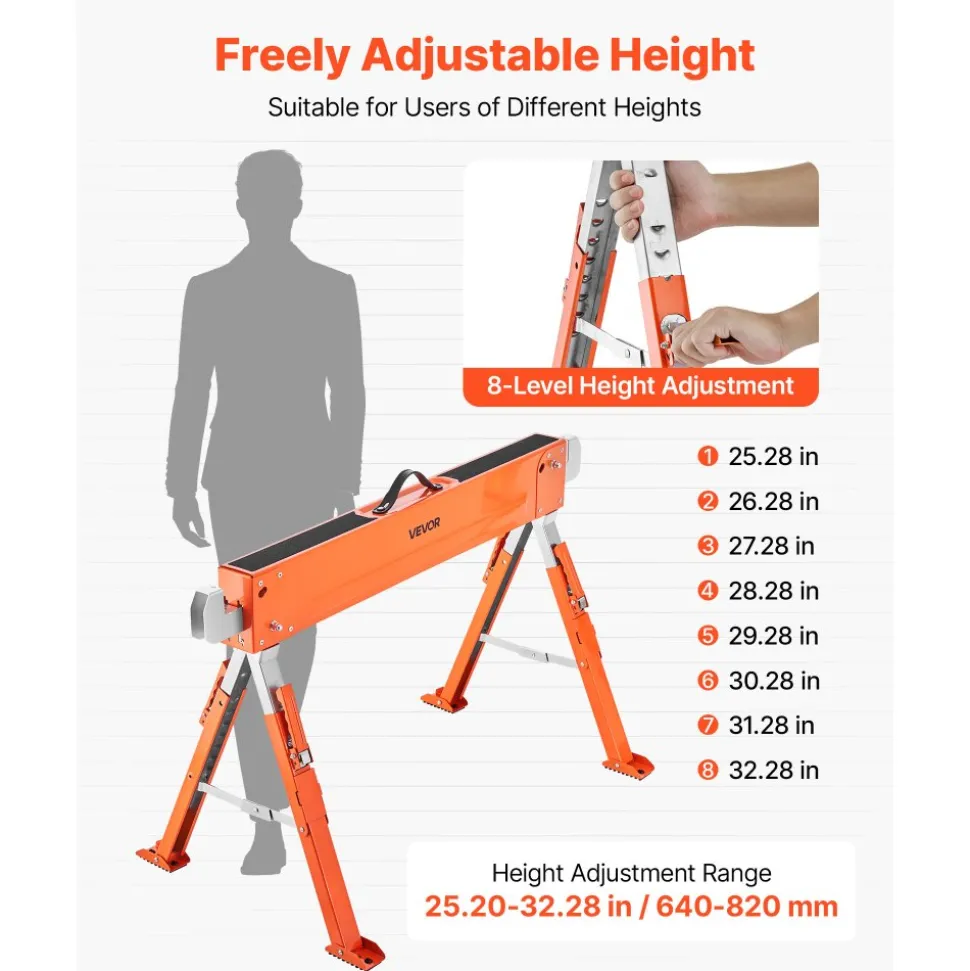 VEVOR Saw Horses, 2 Pack Folding Work Horses, 1800 lbs Load Capacity Sawhorse with Heavy Duty Legs, Adjustable Height Saw Horse with Non-Slip Foot Pads, for Woodworking, Carpenters & Contractors