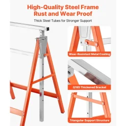 VEVOR Saw Horses, 2 Pack Folding Work Horses, 440 lbs Load Capacity Sawhorse with Heavy Duty Legs, Adjustable Height Saw Horse with Non-Slip Foot Pads, for Woodworking, Carpenters & Contractors
