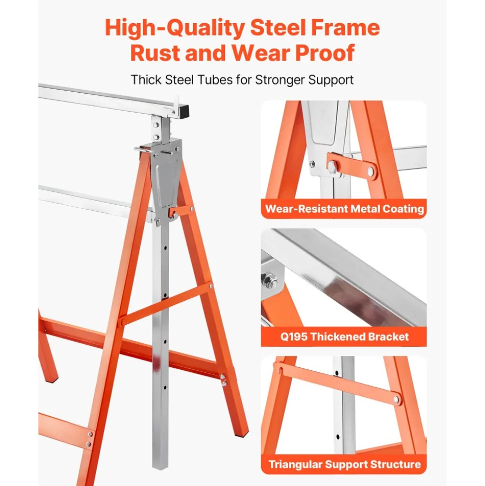 VEVOR Saw Horses, 2 Pack Folding Work Horses, 440 lbs Load Capacity Sawhorse with Heavy Duty Legs, Adjustable Height Saw Horse with Non-Slip Foot Pads, for Woodworking, Carpenters & Contractors