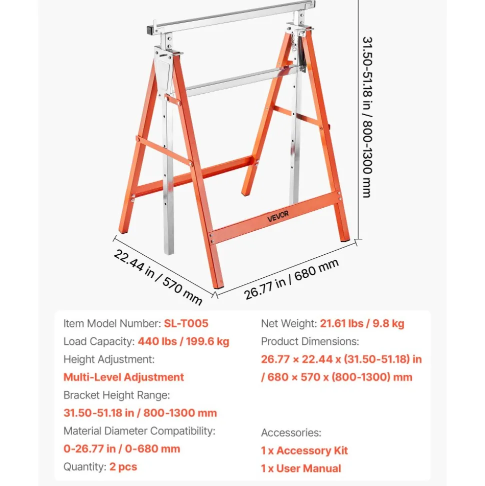 VEVOR Saw Horses, 2 Pack Folding Work Horses, 440 lbs Load Capacity Sawhorse with Heavy Duty Legs, Adjustable Height Saw Horse with Non-Slip Foot Pads, for Woodworking, Carpenters & Contractors