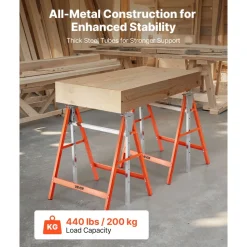 VEVOR Saw Horses, 2 Pack Folding Work Horses, 440 lbs Load Capacity Sawhorse with Heavy Duty Legs, Adjustable Height Saw Horse with Non-Slip Foot Pads, for Woodworking, Carpenters & Contractors