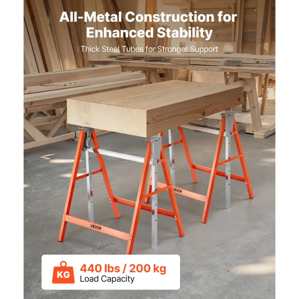 VEVOR Saw Horses, 2 Pack Folding Work Horses, 440 lbs Load Capacity Sawhorse with Heavy Duty Legs, Adjustable Height Saw Horse with Non-Slip Foot Pads, for Woodworking, Carpenters & Contractors