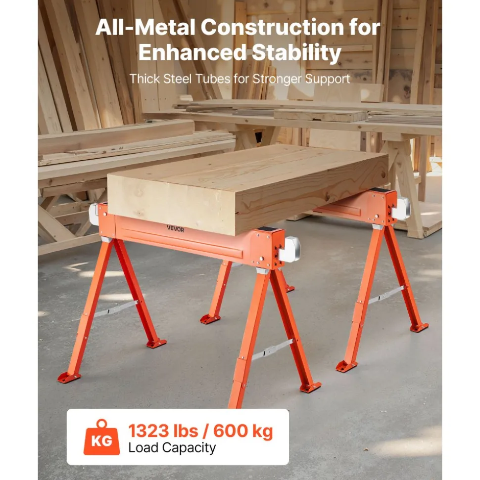 VEVOR Saw Horses, 2 Pack Folding Work Horses, 1323 lbs Load Capacity Sawhorse with Heavy Duty Legs, All-Metal Portable Saw Horse with Non-Slip Foot Pads, for Woodworking, Carpenters & Contractors