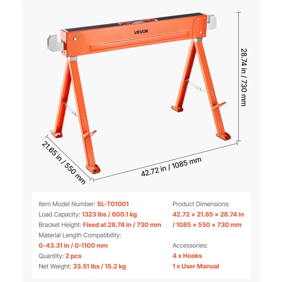 VEVOR Saw Horses, 2 Pack Folding Work Horses, 1323 lbs Load Capacity Sawhorse with Heavy Duty Legs, All-Metal Portable Saw Horse with Non-Slip Foot Pads, for Woodworking, Carpenters & Contractors