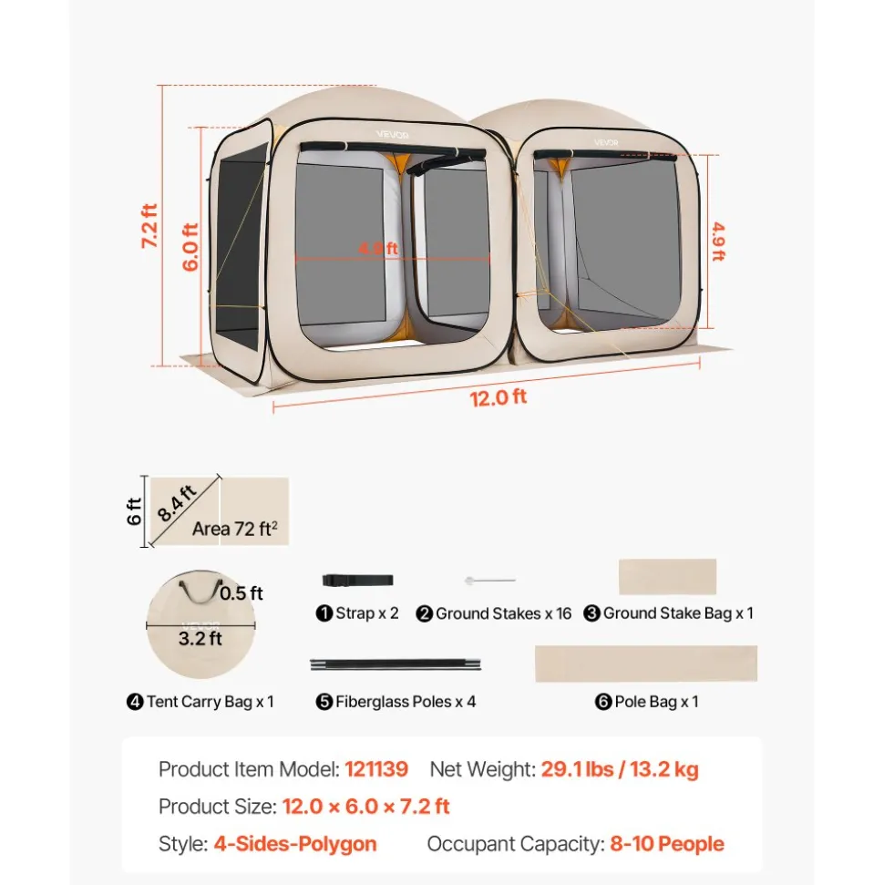 VEVOR Screen House Tent, 12 x 6 ft, 2 in 1 Pop Up Screen Tent, Portable Screened in Canopy with Carry Bag, Netting Sides, Ground Stakes, for Garden, Patio, Backyard, and Outdoor Activities, Beige