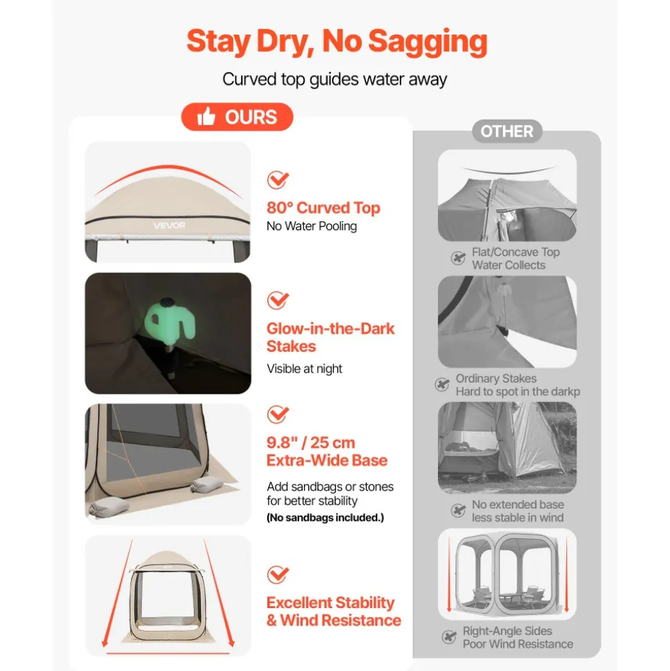 VEVOR Screen House Tent, 6 x 6 ft, 4-6 Person Pop Up Screen Tent with Extended Awning, Portable Screened in Canopy with Carry Bag, Netting Sides, for Patio, Backyard, and Outdoor Activities, Beige