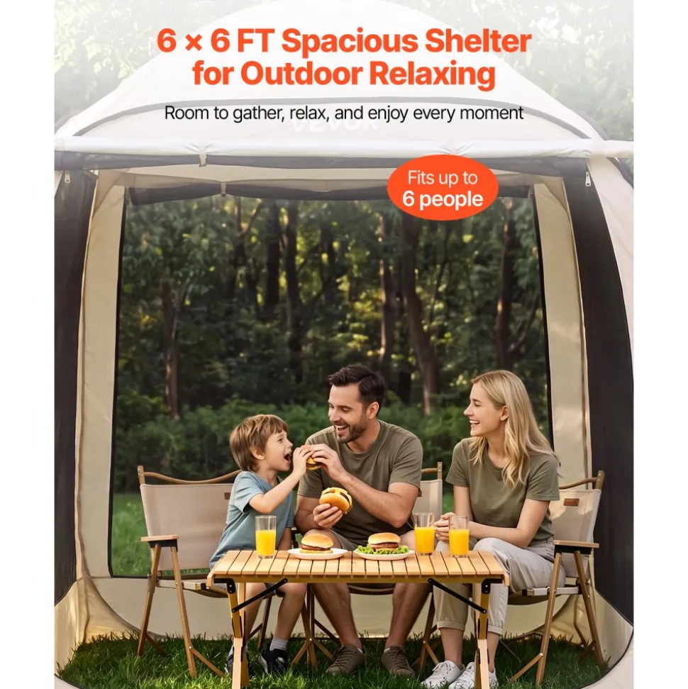 VEVOR Screen House Tent, 6 x 6 ft, 4-6 Person Pop Up Screen Tent with Extended Awning, Portable Screened in Canopy with Carry Bag, Netting Sides, for Patio, Backyard, and Outdoor Activities, Beige