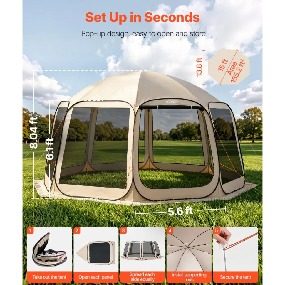 VEVOR Screen House Tent, 15 x 13.8 ft, 12-15 Person Pop Up Screen Tent, Portable Screened in Canopy with Carry Bag, Netting Sides, Ground Stakes, for Garden, Patio, Backyard, Outdoor Activities, Beige
