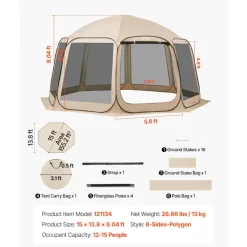 VEVOR Screen House Tent, 15 x 13.8 ft, 12-15 Person Pop Up Screen Tent, Portable Screened in Canopy with Carry Bag, Netting Sides, Ground Stakes, for Garden, Patio, Backyard, Outdoor Activities, Beige