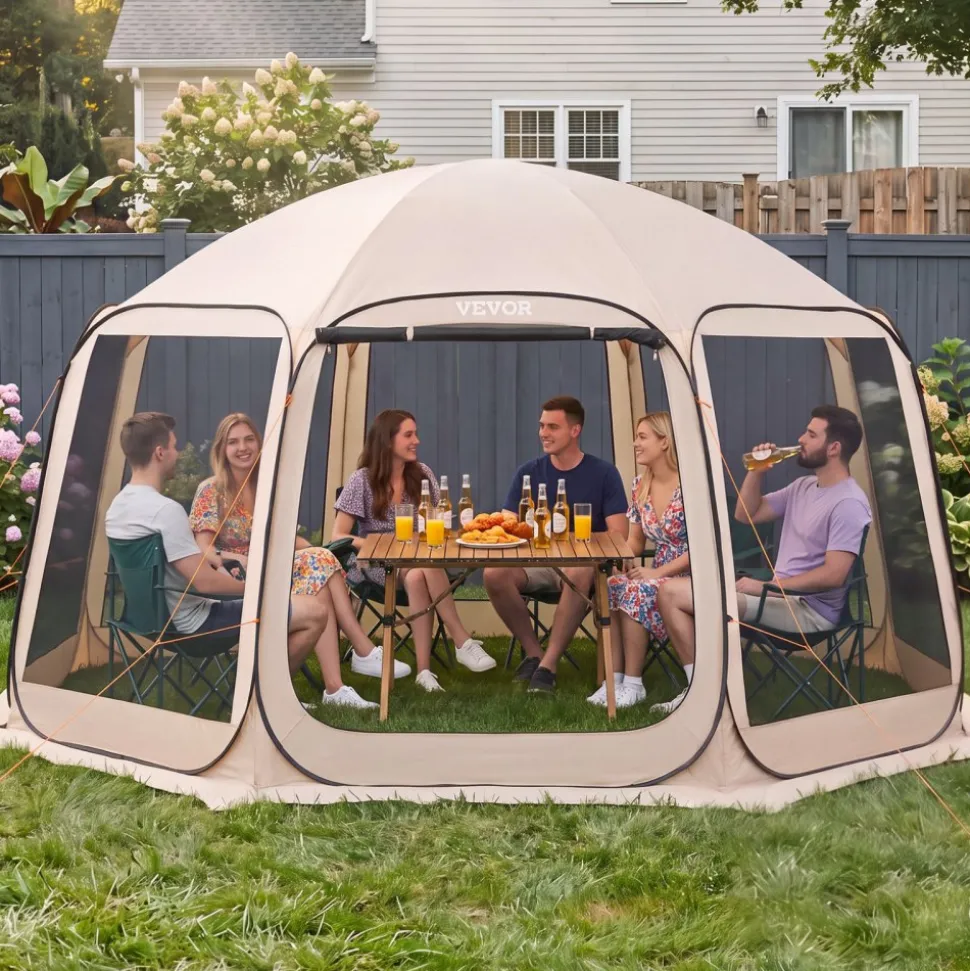 VEVOR Screen House Tent, 15 x 13.8 ft, 12-15 Person Pop Up Screen Tent, Portable Screened in Canopy with Carry Bag, Netting Sides, Ground Stakes, for Garden, Patio, Backyard, Outdoor Activities, Beige
