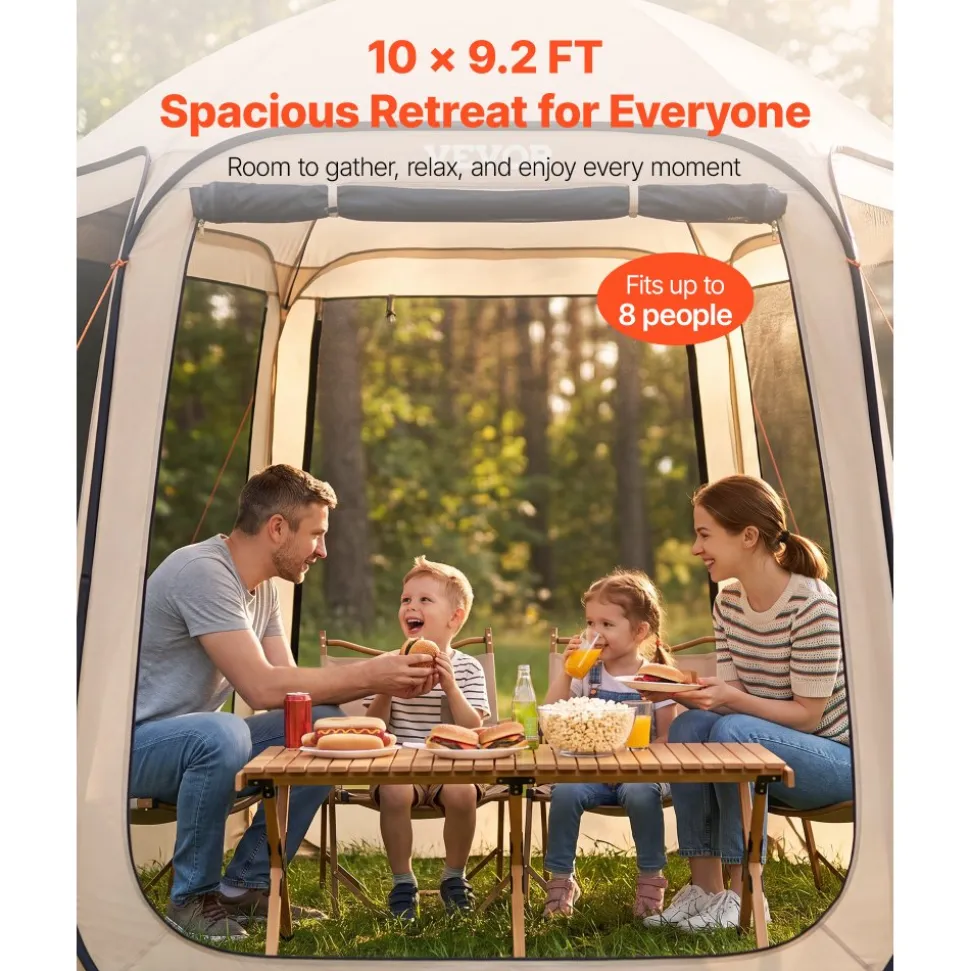 VEVOR Screen House Tent, 10 x 9.2 ft, 4-8 Person Pop Up Screen Tent, Portable Screened in Canopy with Carry Bag, Netting Sides, Ground Stakes, for Garden, Patio, Backyard, Outdoor Activities, Beige