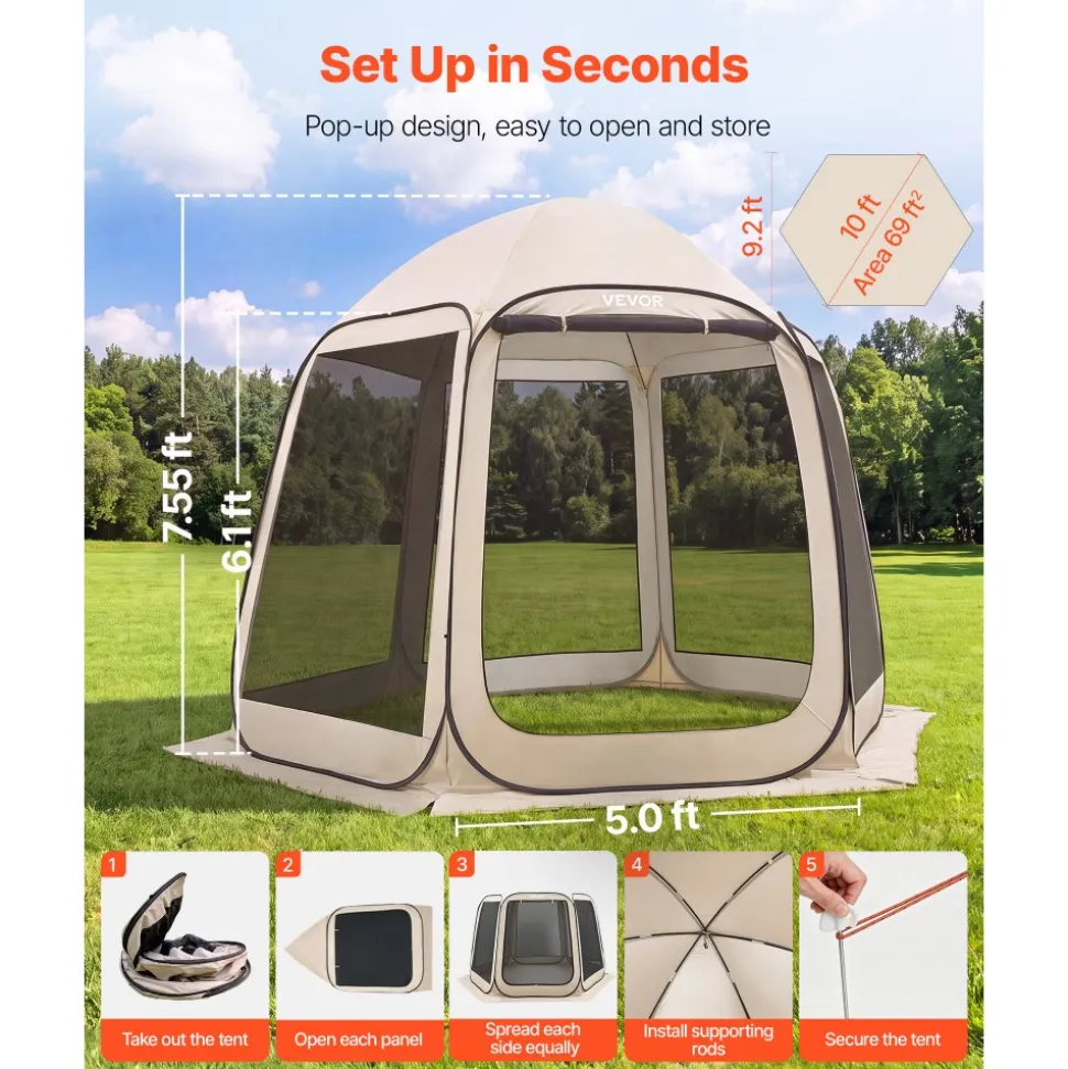 VEVOR Screen House Tent, 10 x 9.2 ft, 4-8 Person Pop Up Screen Tent, Portable Screened in Canopy with Carry Bag, Netting Sides, Ground Stakes, for Garden, Patio, Backyard, Outdoor Activities, Beige