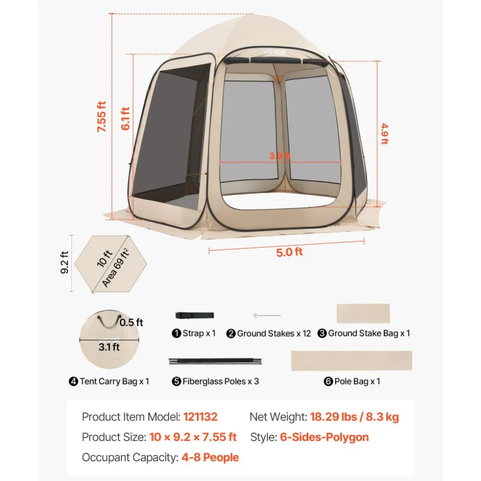 VEVOR Screen House Tent, 10 x 9.2 ft, 4-8 Person Pop Up Screen Tent, Portable Screened in Canopy with Carry Bag, Netting Sides, Ground Stakes, for Garden, Patio, Backyard, Outdoor Activities, Beige