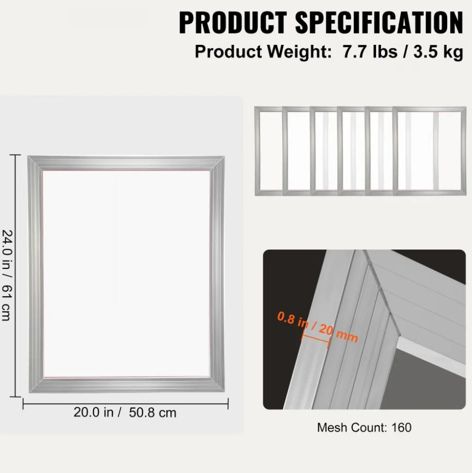 VEVOR Screen Printing Kit, 6 Pieces Aluminum Silk Screen Printing Frames, 20x24inch Silk Screen Printing Frame with 160 Count Mesh, High Tension Nylon Mesh and Sealing Tape for T-shirts DIY Printing
