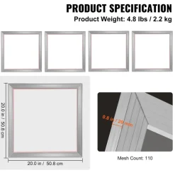 VEVOR Screen Printing Kit, 4 Pieces Aluminum Silk Screen Printing Frames, 20x20inch Silk Screen Printing Frame with 110 Count Mesh, High Tension Nylon Mesh and Sealing Tape for T-shirts DIY Printing
