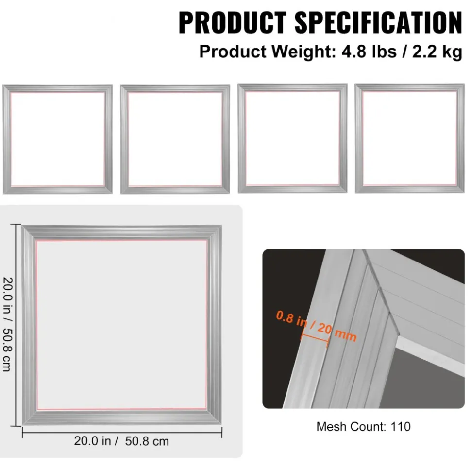 VEVOR Screen Printing Kit, 4 Pieces Aluminum Silk Screen Printing Frames, 20x20inch Silk Screen Printing Frame with 110 Count Mesh, High Tension Nylon Mesh and Sealing Tape for T-shirts DIY Printing